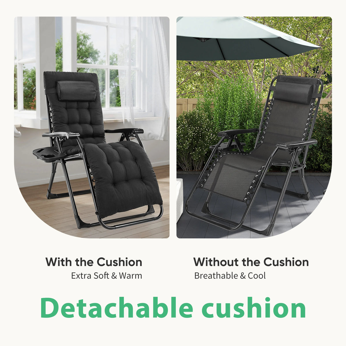 JHK Zero Gravity Folding Lounge Chair With Removable Cushion