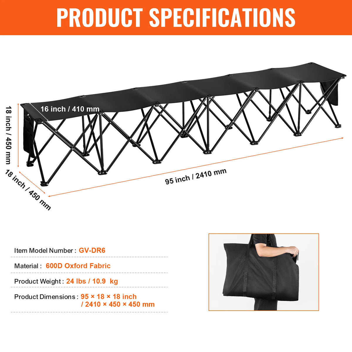 Foldable Outdoor Sideline Bench With Backrest And Carry Bag