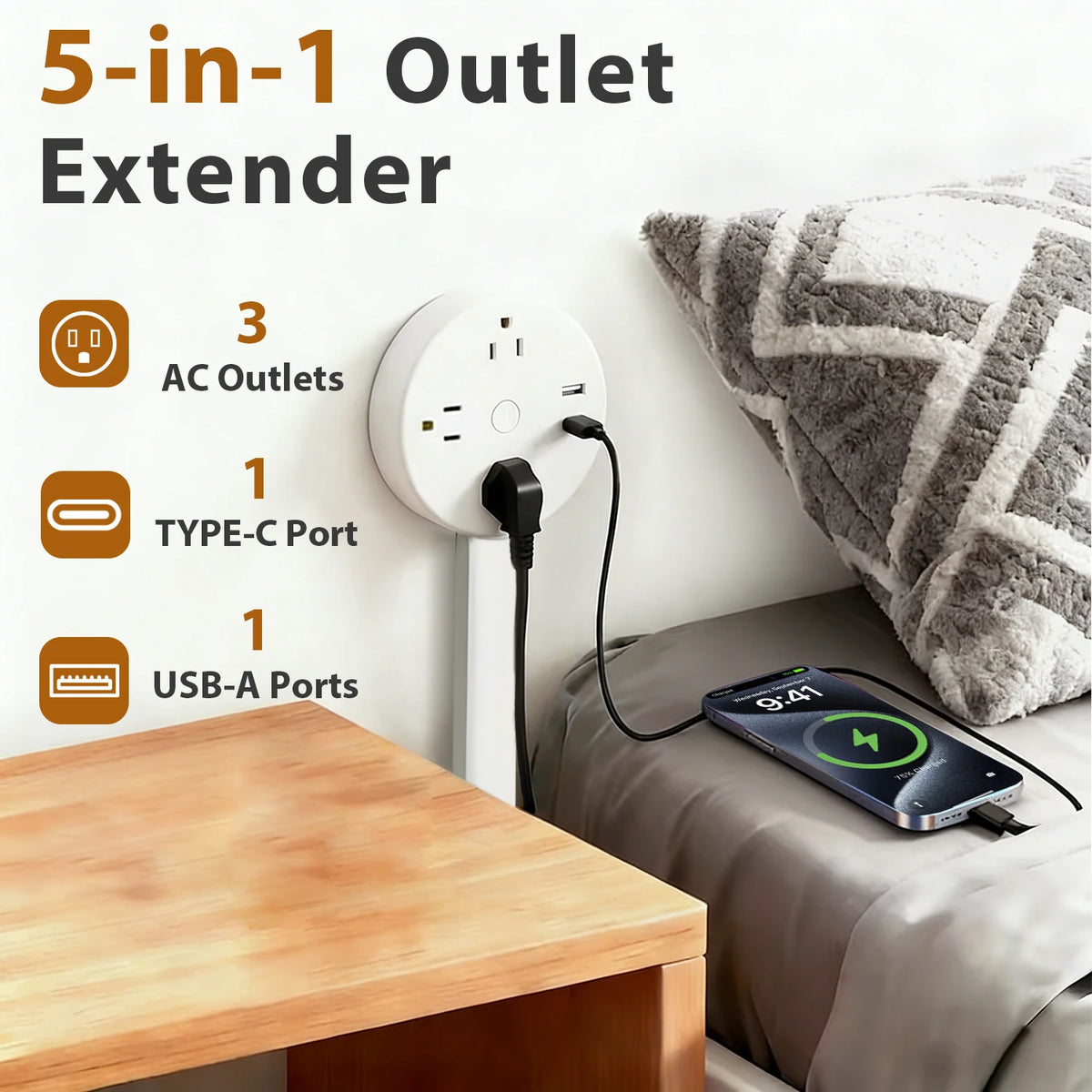 Adjustable Retractable Wall Socket Extender With Usb And Ac Outlets