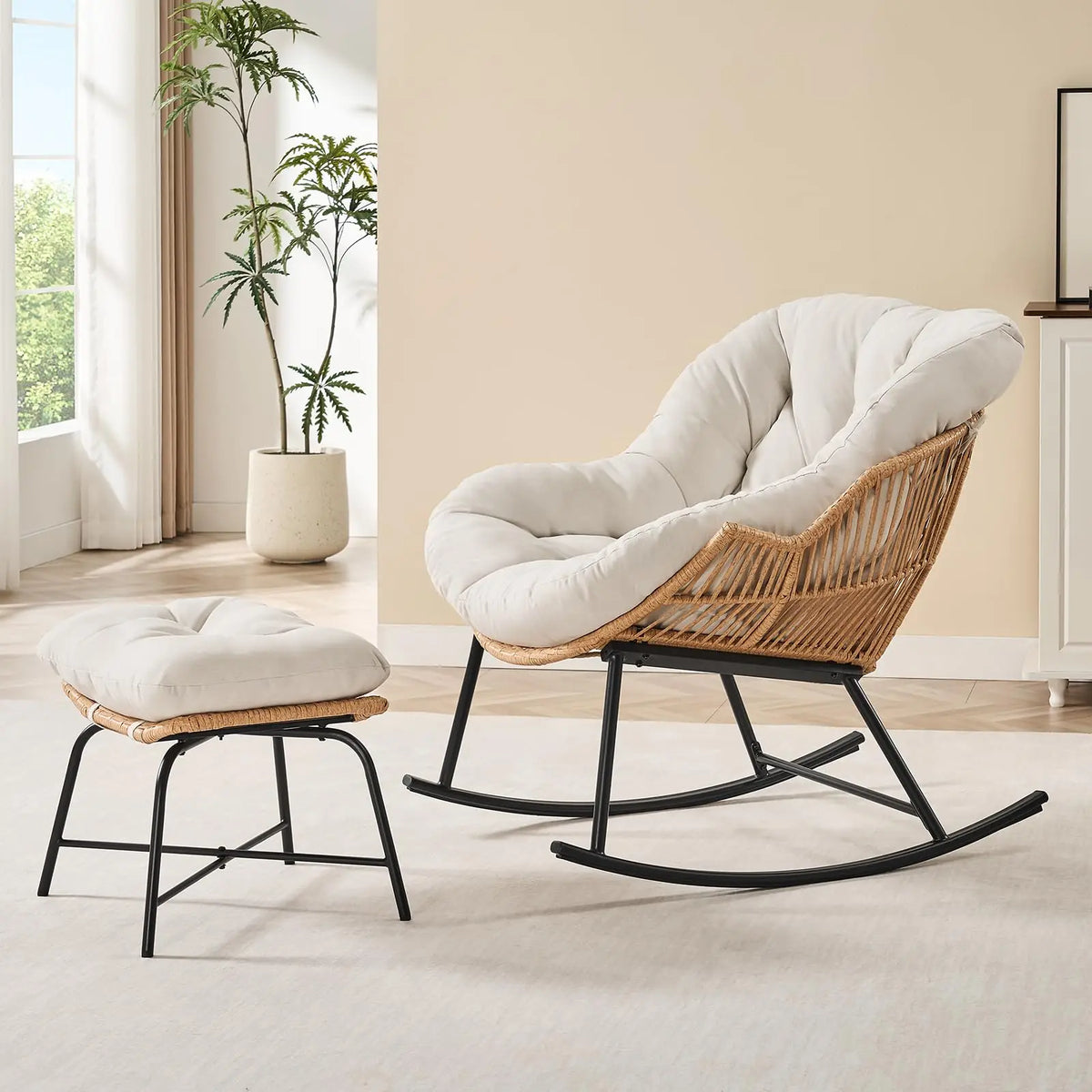 Onbrill Papasan Rocking Chair With Wicker Rattan Outdoor Lounger