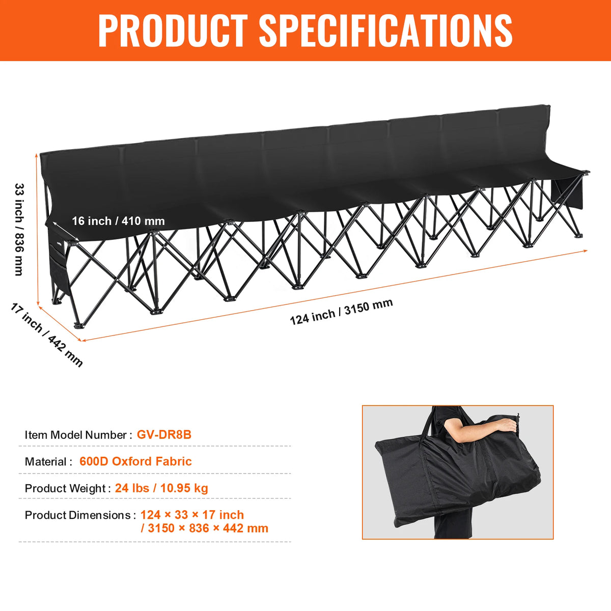 Foldable Outdoor Sideline Bench With Backrest And Carry Bag