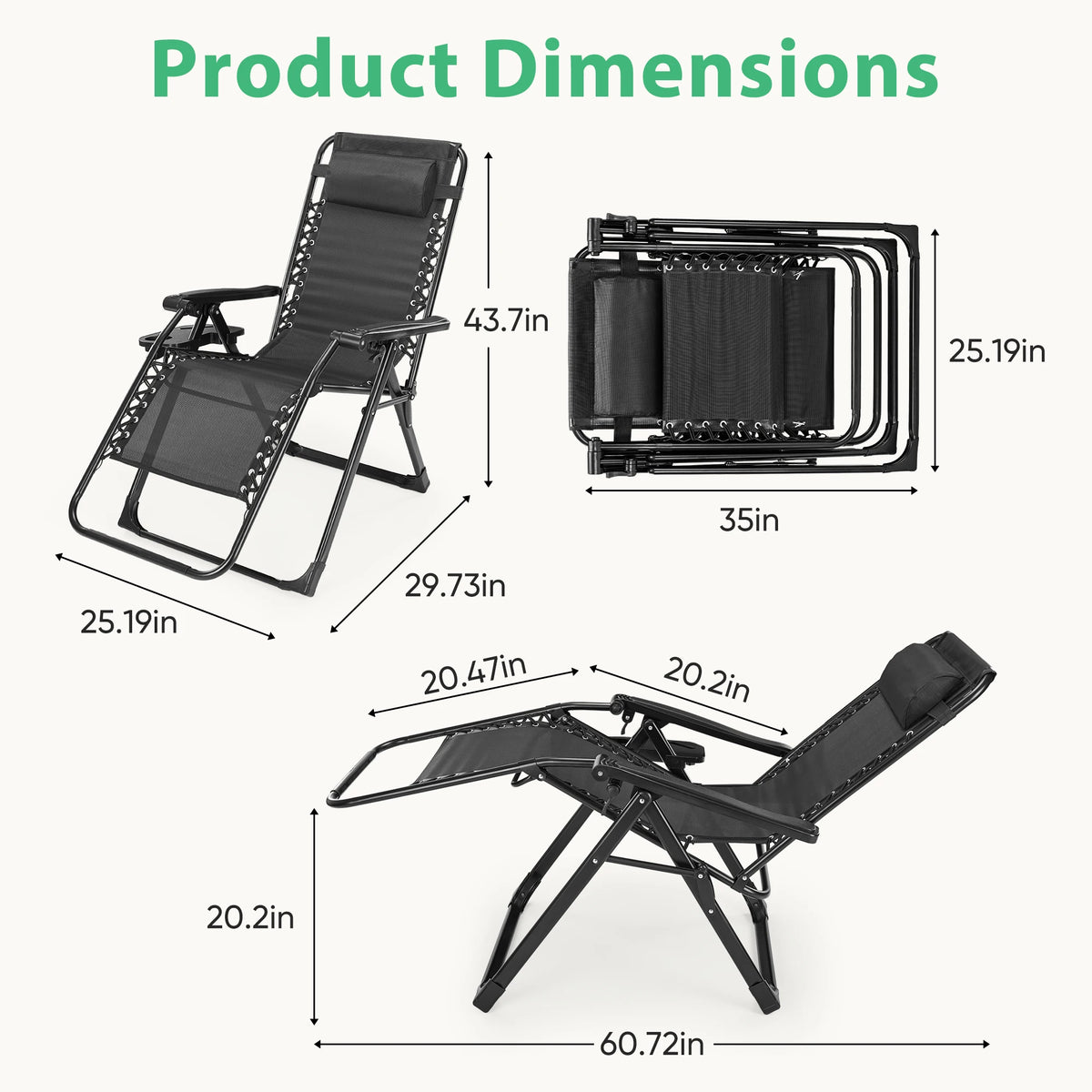JHK Zero Gravity Folding Lounge Chair With Removable Cushion