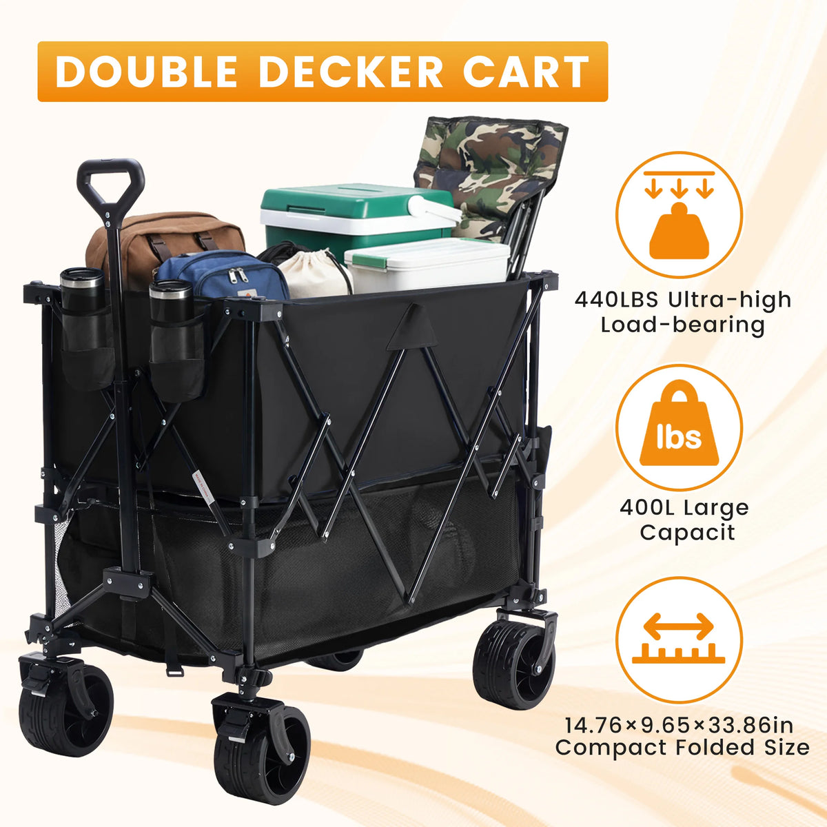 JHK Outdoor Double Decker Wagon Cart Collapsible Garden Beach Camping