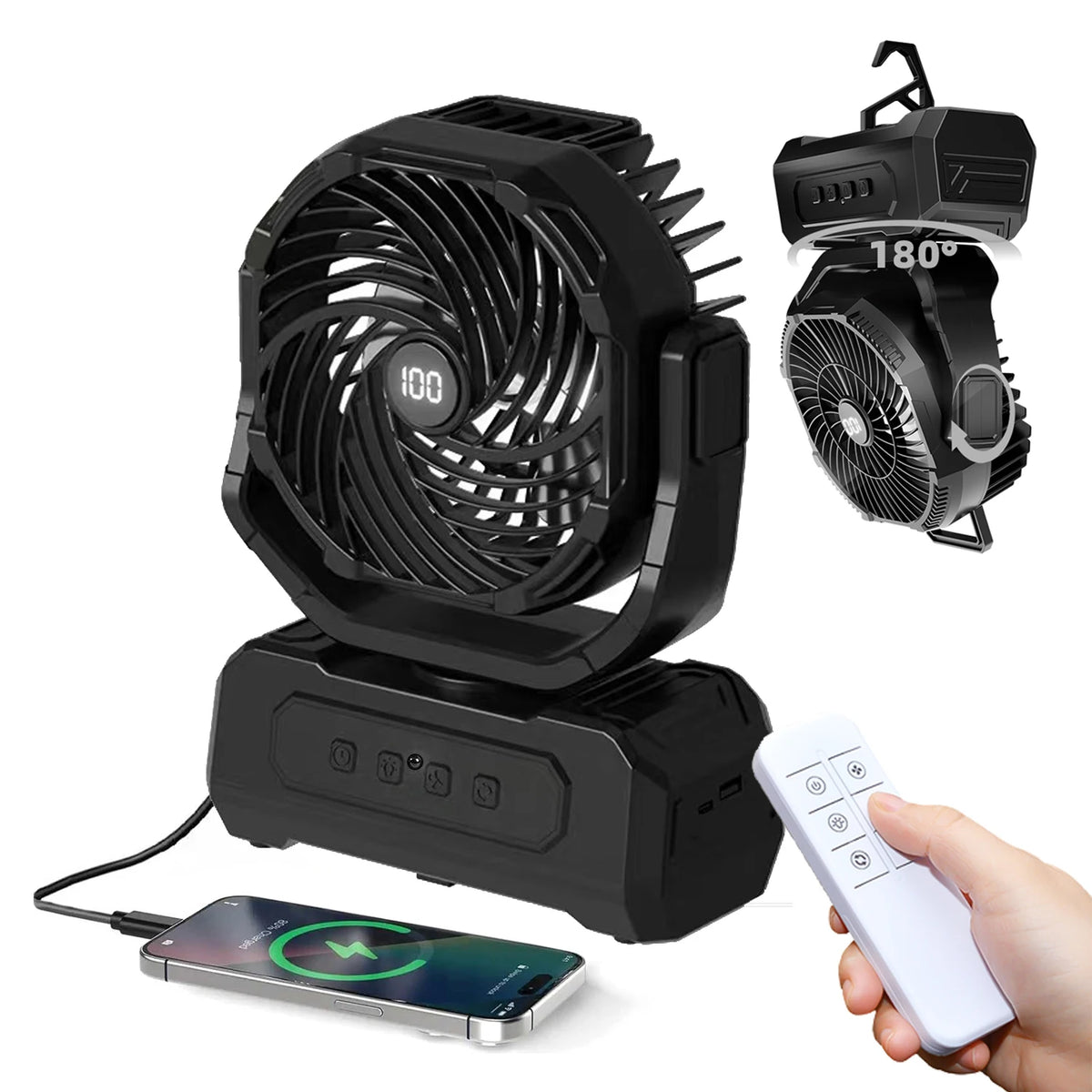 Portable Camping Fan With Rechargeable Battery And Remote Control