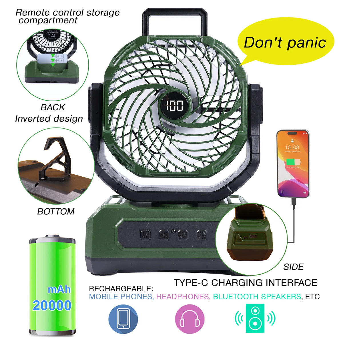 Portable Camping Fan With Rechargeable Battery And Remote Control