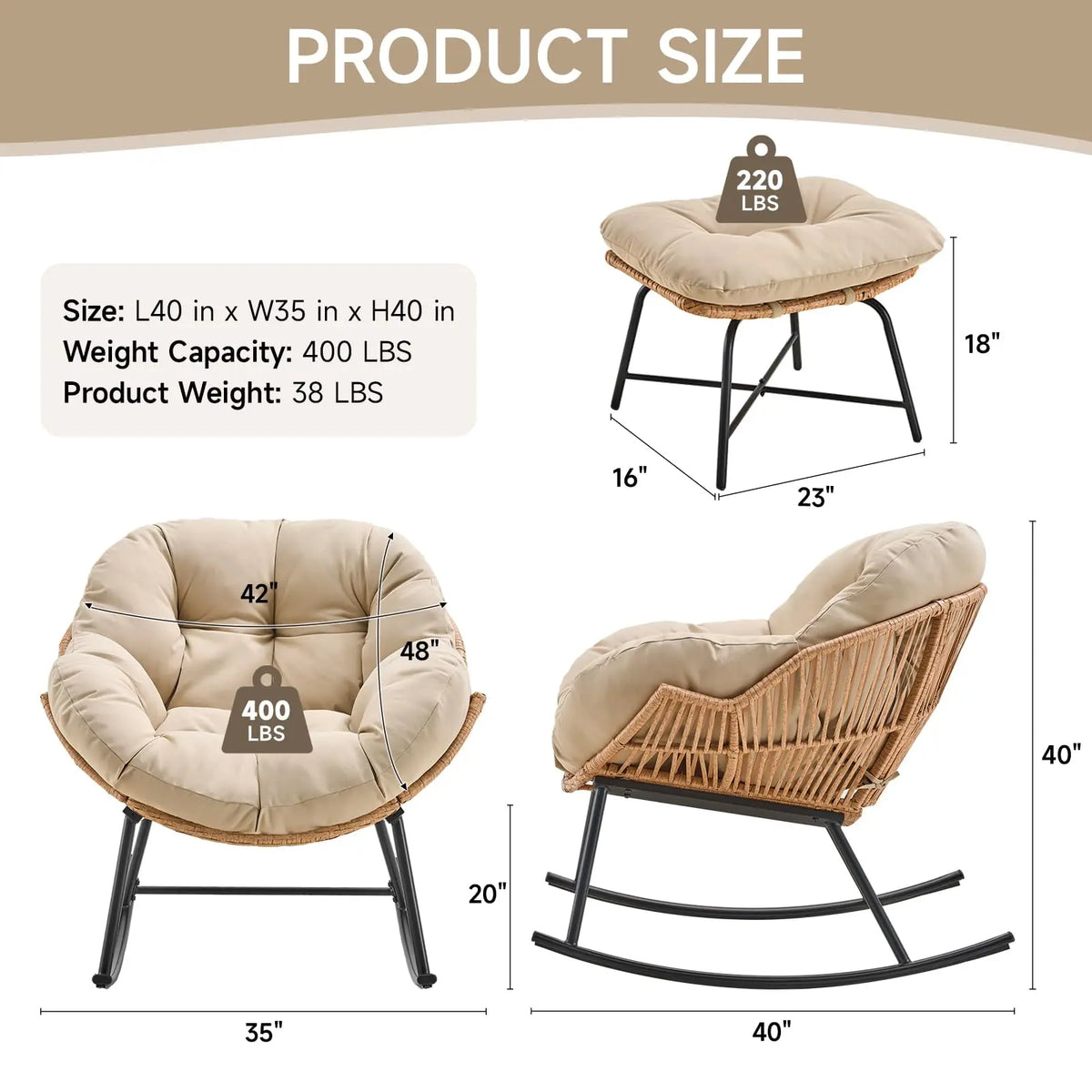 Onbrill Papasan Rocking Chair With Wicker Rattan Outdoor Lounger