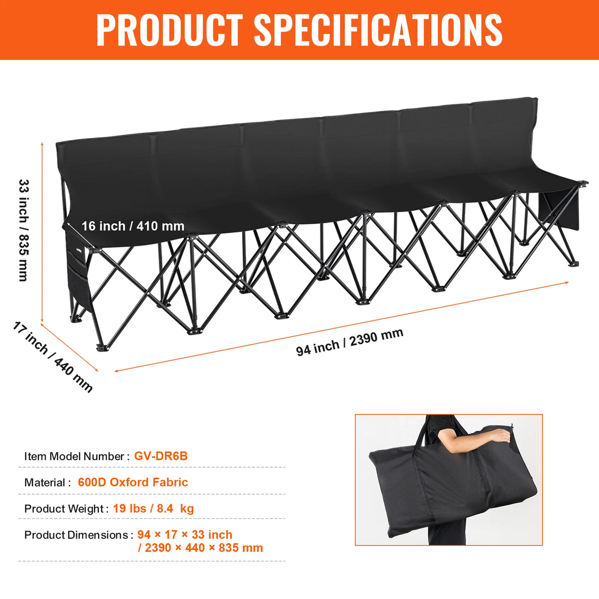 Foldable Outdoor Sideline Bench With Backrest And Carry Bag