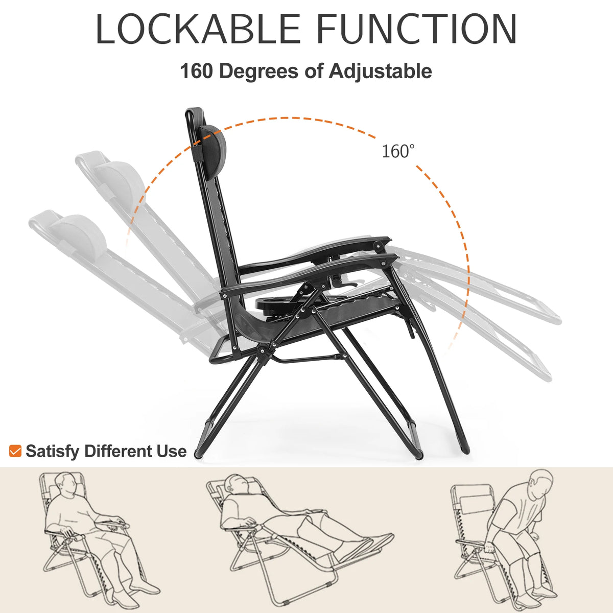 JHK Zero Gravity Portable Outdoor Lounge Chair With Adjustable Tray