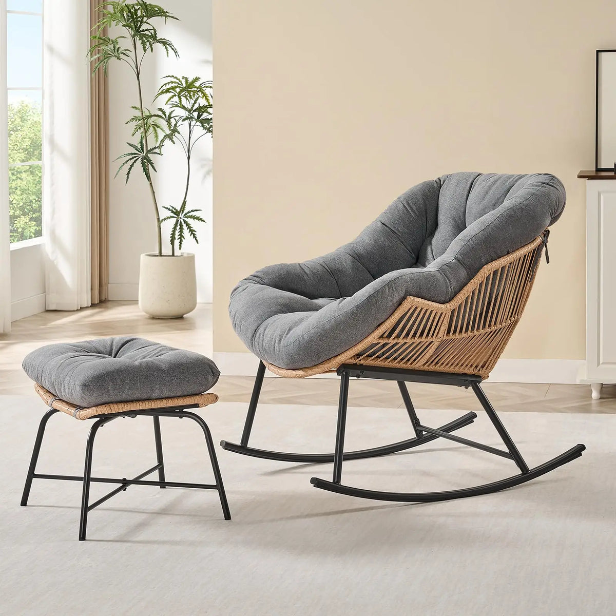 Onbrill Papasan Rocking Chair With Wicker Rattan Outdoor Lounger