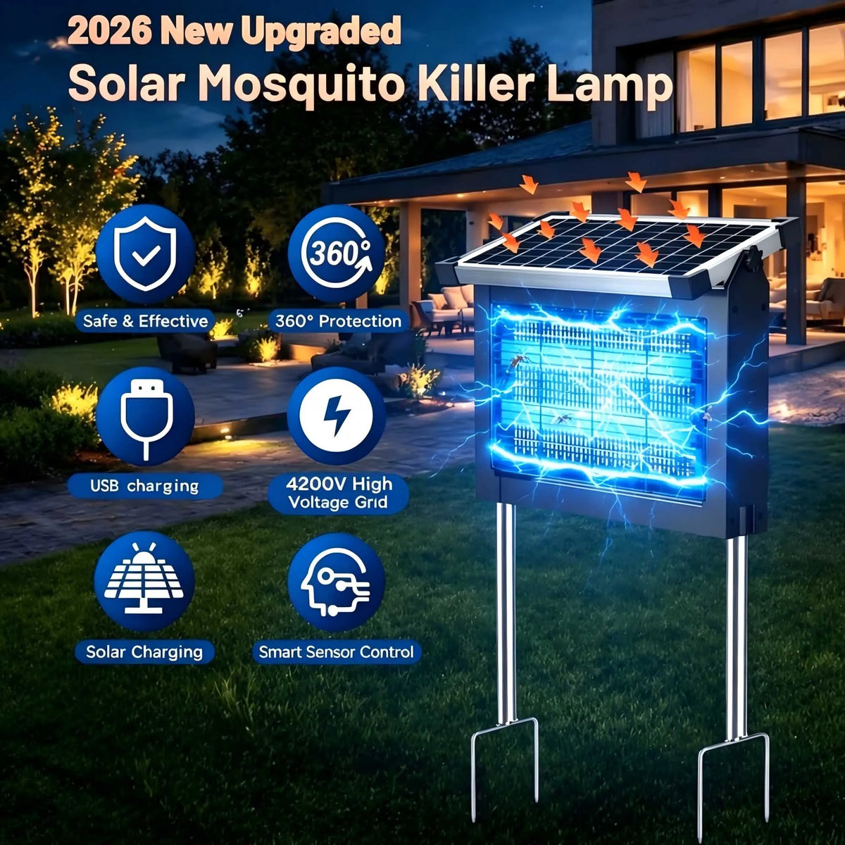 Waterproof Solar Bug Zapper With Panel Sensor For Outdoor Gardens