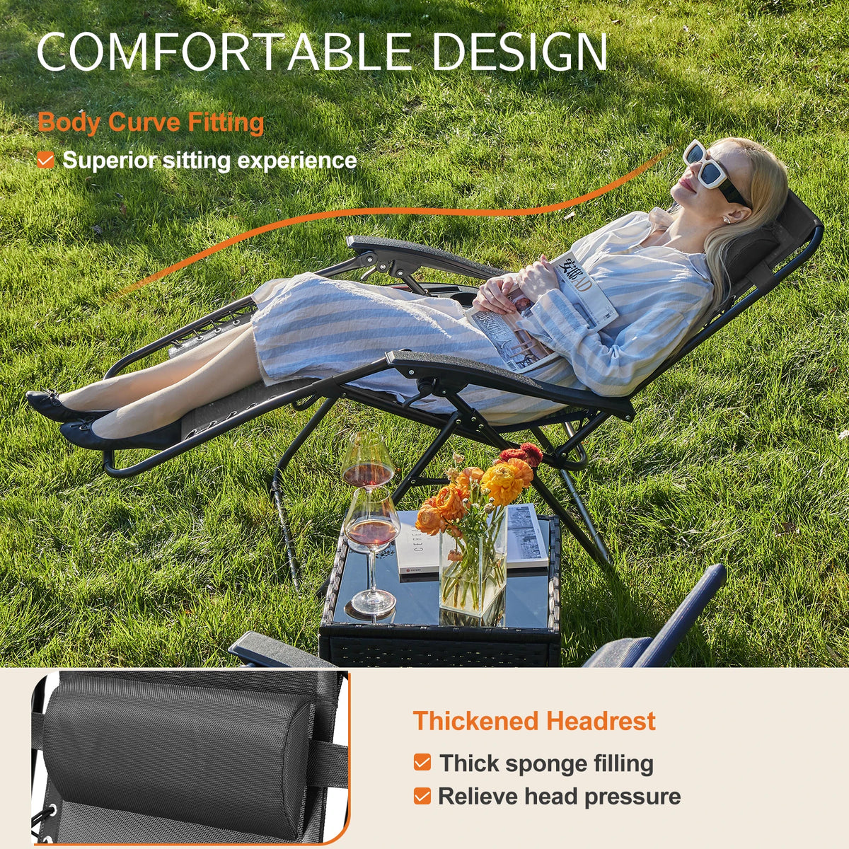 JHK Zero Gravity Portable Outdoor Lounge Chair With Adjustable Tray
