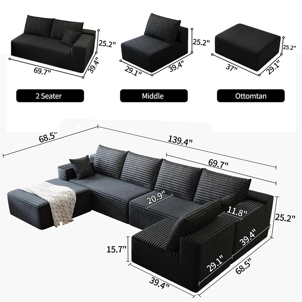 YQXH Cloud Style Modern Sectional Sofa With Velvet Modular Recliner