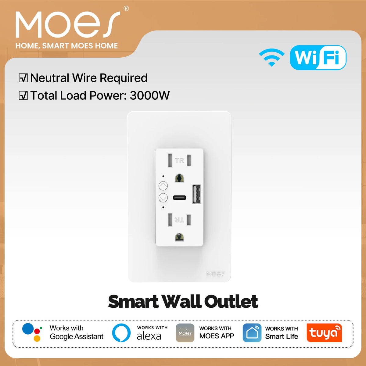Moes Smart WiFi Outlet With Type C And Voice Control