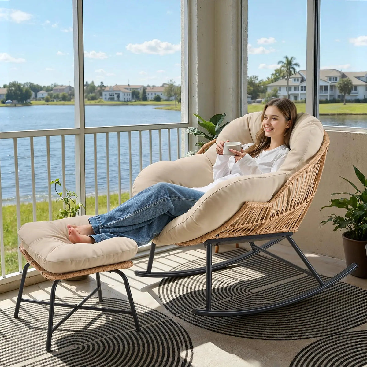 Onbrill Papasan Rocking Chair With Wicker Rattan Outdoor Lounger