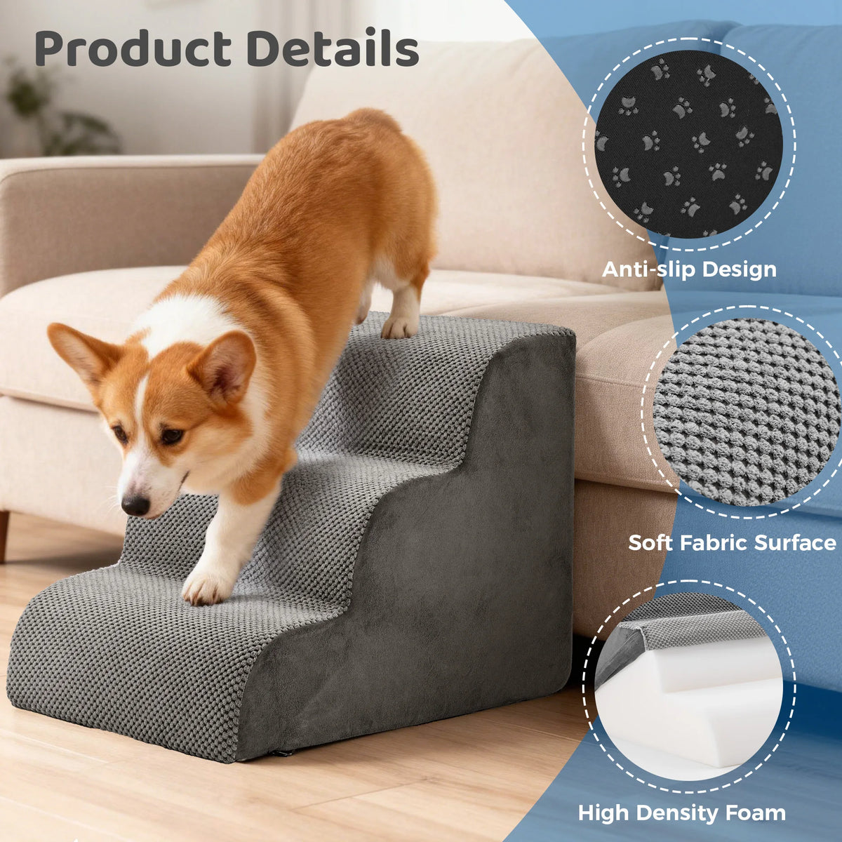 High Density Foam Curved Dog Stairs Non Slip Pet Ramp