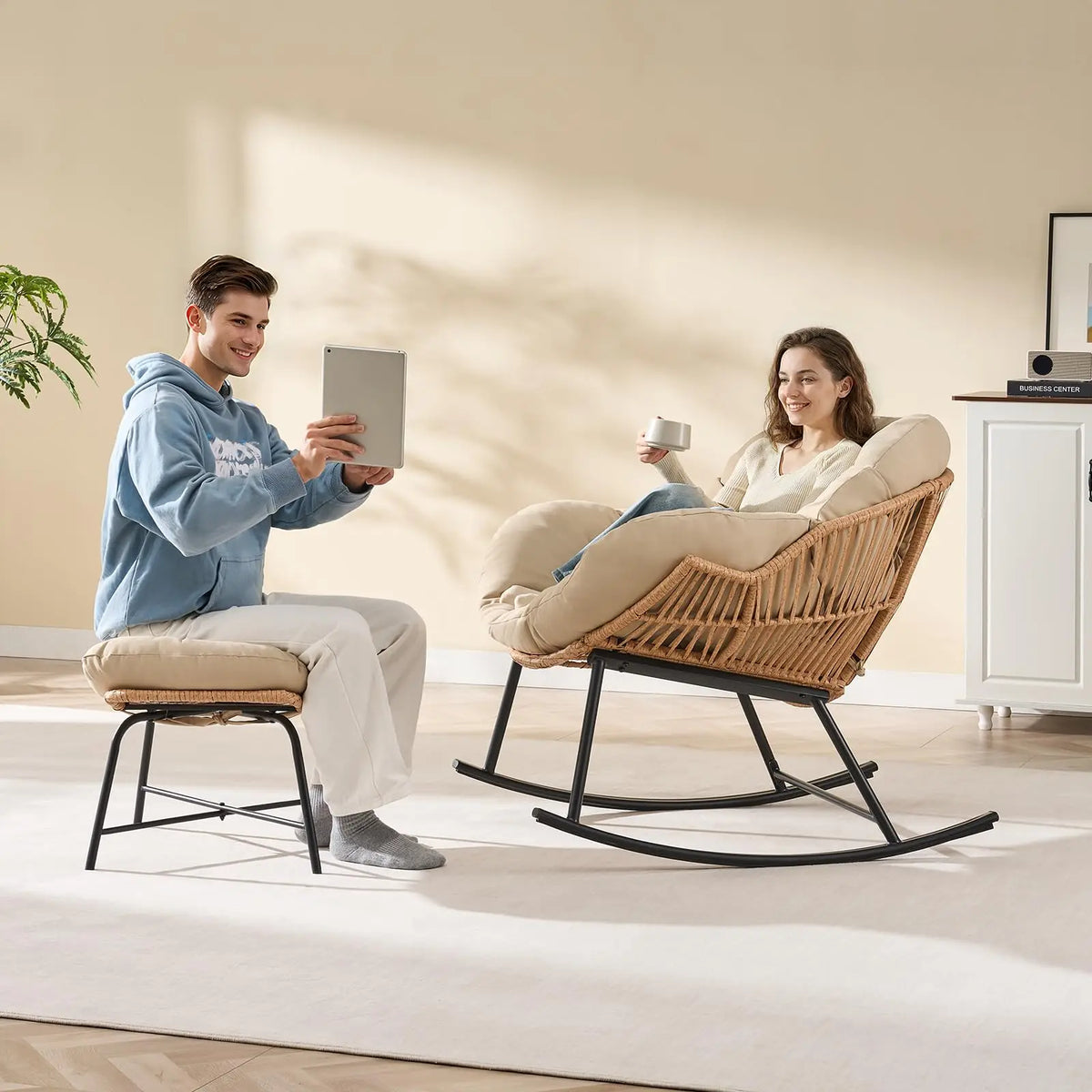Onbrill Papasan Rocking Chair With Wicker Rattan Outdoor Lounger