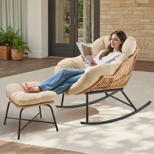 Onbrill Papasan Rocking Chair With Wicker Rattan Outdoor Lounger