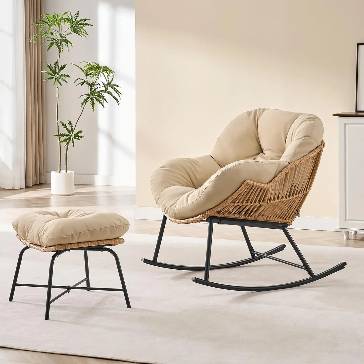 Onbrill Papasan Rocking Chair With Wicker Rattan Outdoor Lounger